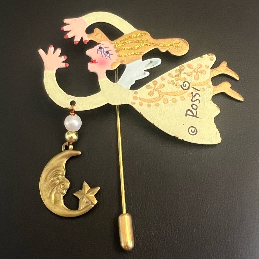Vintage Rossi Fairy Angel Enamel Metal Stick Pin Brooch